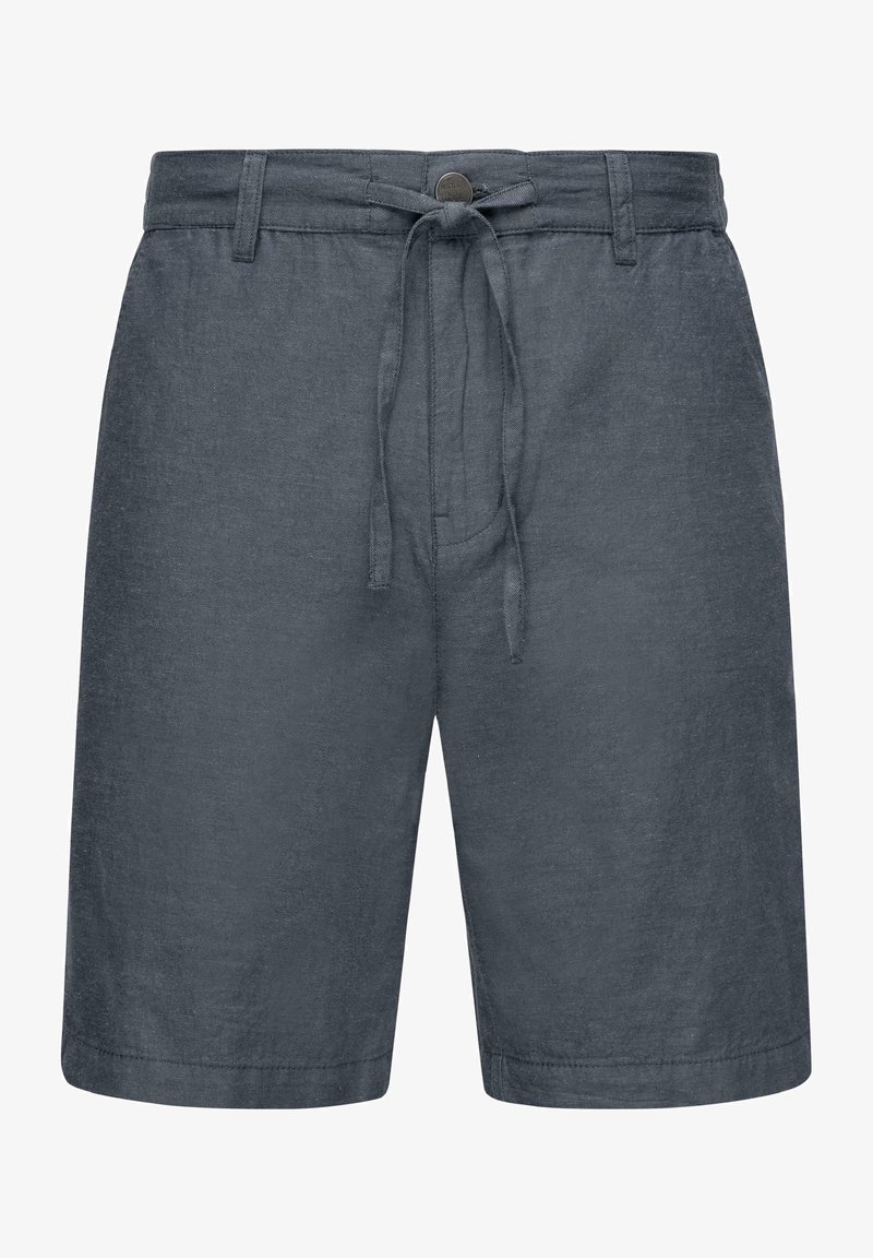 Gray linen shorts with a drawstring waistband, front button closure, and straight cut. Smooth texture and no visible patterns.