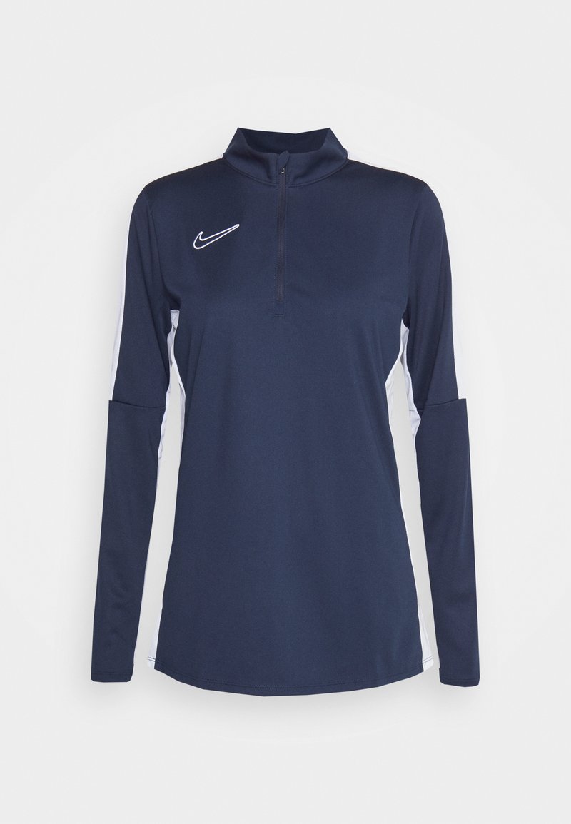 Navy Langarmoberteil mit hohem Kragen, halbseitigem Reißverschluss, kontrastierenden weißen Seitenpaneelen und einem gestickten Nike-Logo auf der linken Brust.