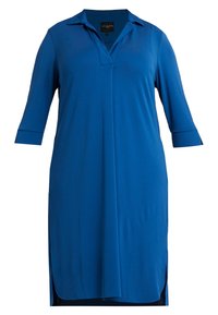 Blue knee-length dress with three-quarter sleeves, collar, and a front V-neck slit. Side slits at the hem.