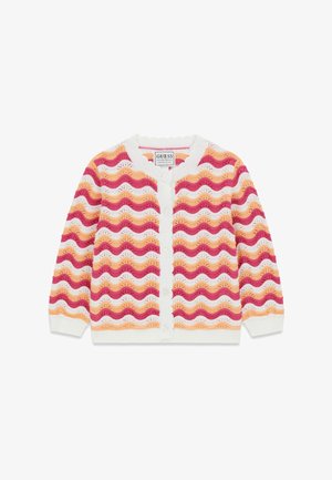 Rozpinany kardigan z falistym wzorem dzianiny w różowe, pomarańczowe i białe paski, z wykończeniem falistym na mankietach i dekolcie.