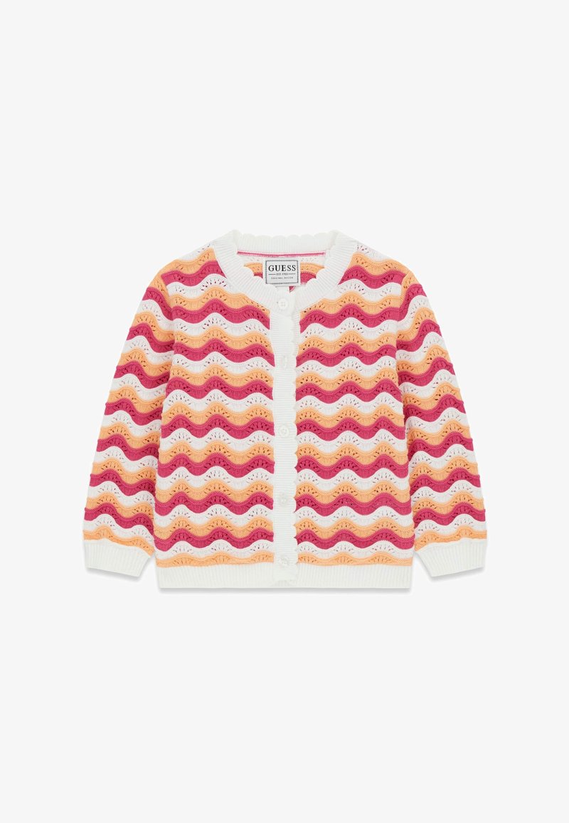 Cardigan boutonné avec motif en vagues tricotées en rayures roses, orange et blanches, avec bords en forme d'ondulations aux poignets et à l'encolure.