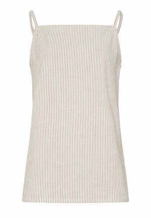 Beżowy i biały, pionowo paskowany, bezrękawnik z cienkimi ramiączkami i prostym dekoltem.