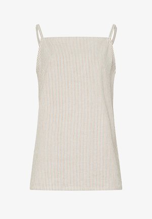 Beżowy i biały, pionowo paskowany, bezrękawnik z cienkimi ramiączkami i prostym dekoltem.