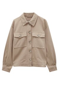 Veste beige à boutons avec deux grandes poches poitrine, manches longues et col pointu, fabriquée dans un tissu doux.