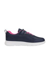 Marineblaue Sportschuhe mit rosafarbenen Akzenten, Obermaterial aus Mesh, Gummisohle, Klettverschluss und kontrastierenden Schnürsenkeln. Solides Design für Komfort.