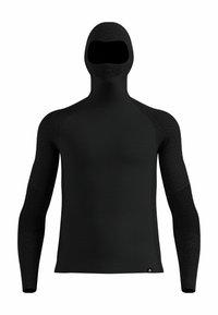 Black full-coverage hooded top with long sleeves, made of textured knit fabric, featuring mesh panels on the face and arms for breathability.