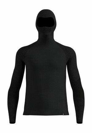 Black full-coverage hooded top with long sleeves, made of textured knit fabric, featuring mesh panels on the face and arms for breathability.