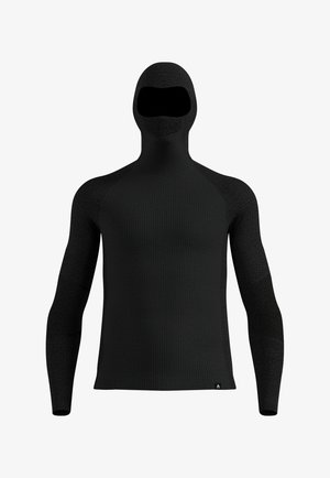 Black full-coverage hooded top with long sleeves, made of textured knit fabric, featuring mesh panels on the face and arms for breathability.