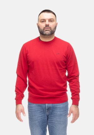 Uomo con capelli corti e scuri e barba, indossa un maglione rosso e jeans blu, in piedi davanti a uno sfondo bianco uniforme.