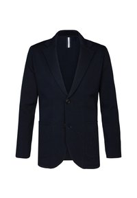 En enkelknäppt marinblå blazer med två framfickor, två svarta knappar och klassiska slag.