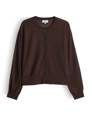 Cardigan scuro marrone con bottoni, maniche lunghe, polsini a coste e scollo rotondo, disteso su uno sfondo bianco.