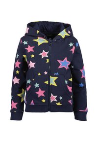 Felpa con zip di colore blu navy decorata con motivi stellati colorati in rosa, giallo, verde e blu. Presenta una tasca frontale e un cappuccio accogliente.