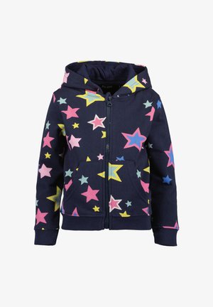 Námořnická mikina s kapucí na zip s barevnými hvězdnými vzory v růžové, žluté, zelené a modré barvě. Obsahuje přední kapsu a pohodlnou kapuci.