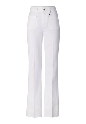 Pantalon blanc taille haute à jambes droites avec poches plaquées à l'avant, passants pour ceinture, fermeture par bouton et coutures apparentes à l'ourlet.