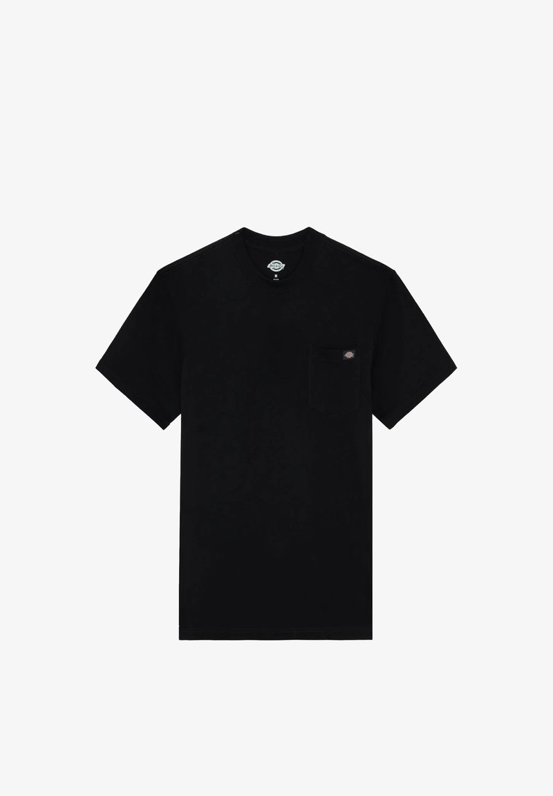 T-shirt nera in cotone con maniche corte, scollo rotondo e taschino sul lato sinistro del petto. Include un piccolo logo sulla tasca.