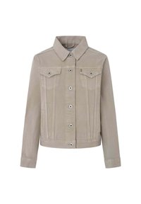 Beige denimjacka med krage, två frontfickor, knäppning med knappar och subtil textur. Designad med en figurnära silhuett.