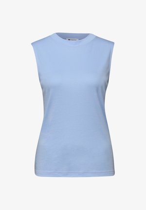 Ærmeløs, lyseblå, rundhalskvinde-top med en tætsiddende silhuet og glat stoftekstur.