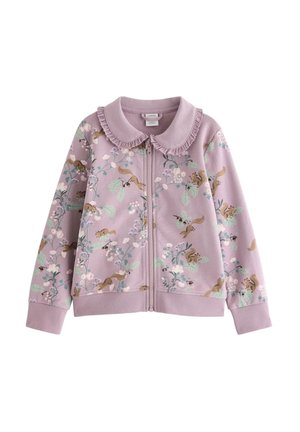 Lichtpaarse kinderjas met rits, met gerimpelde kraag, bloemen- en eekhoornprint, en geribde boorden en zoom.
