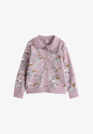 Hellviolette Kinderjacke mit Reißverschluss, Rüschenkragen, Blumen- und Eichhörnchenmuster sowie gerippten Bündchen und Saum.