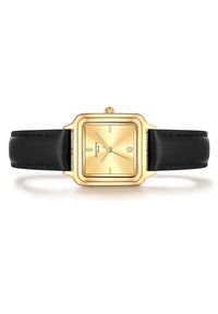 Montre carrée en or avec un cadran en or métallique, bracelet en cuir noir et finition texturée. Elle présente des index horaires proéminents et une couronne.