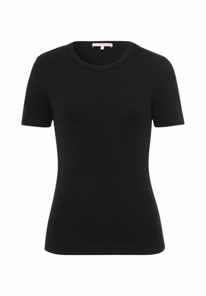 Czarna krótka koszulka z prążkowanego materiału z okrągłym dekoltem. Materiał ma gładką teksturę i dopasowany krój. Minimalistyczny design.