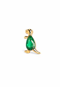 Figurina di dinosauro in tono oro con un corpo verde smeraldo sfaccettato e dettagli lisci e lucidi. Presenta una posa in piedi e piccole occhi.