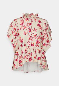 Blusa floreale beige con rami rosa e arancioni, colletto alto volant, maniche a palloncino e orlo peplum asimmetrico.