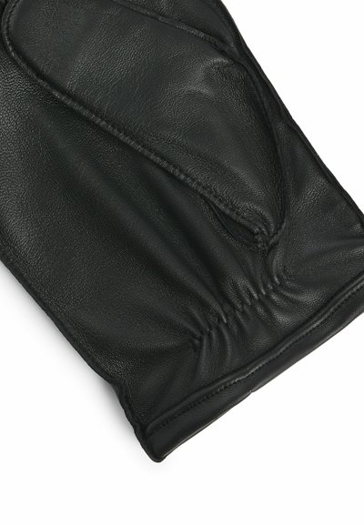 Gant en cuir noir avec un poignet froncé, texture lisse et design courbé, mettant en valeur sa forme élégante et ajustée.