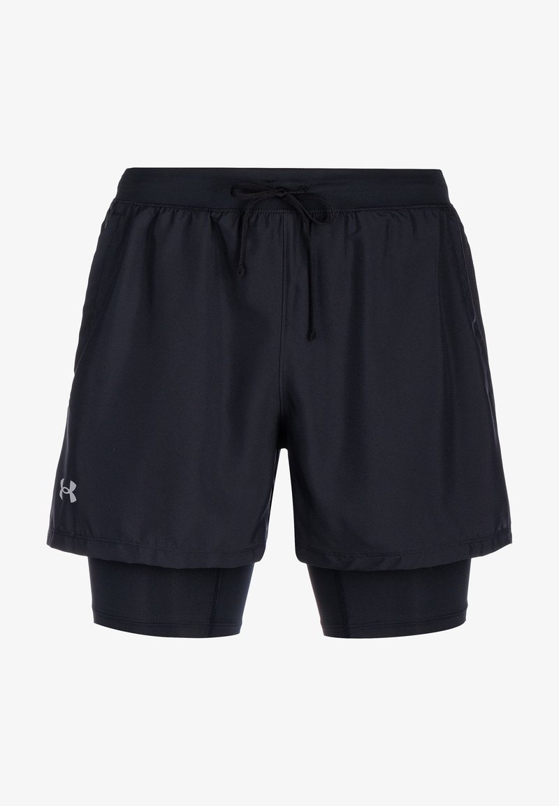 Shorts de sport noirs avec leggings de compression intégrés, taille élastique, cordon de serrage, poches latérales et petit logo sur l'ourlet gauche.