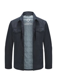 Marineblaues Jacket, leichtes Material, zwei Brusttaschen mit Knöpfen, Druckknopfverschluss, innere wattierte Fütterung in Hellblau, gerader Saum.