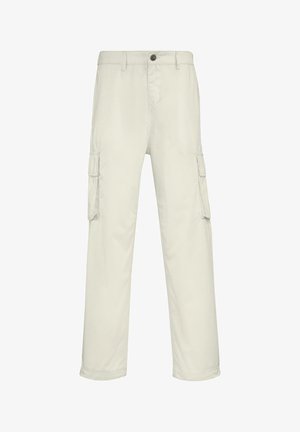 Bež kargo hlače napravljene od mješavine pamuka, s šest džepova, ravnim nogavicama i zatvaranjem na gumbe u struku.