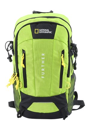 Green nylon backpack with black accents, mesh side pockets, dual zippers, and a "FURTHER" logo. Features padded back and adjustable straps.