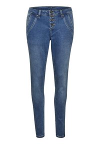 Jeans ajustados en denim azul medio con cinco bolsillos, cremallera con botón y costuras decorativas en la parte frontal. Diseño ajustado con una textura suave.