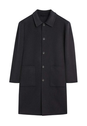 Mörk ullkappa med krage, framknappar och två stora fickor. Tyget verkar vara slätt med en matt yta.