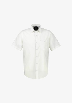 Weißes kurzärmeliges Hemd mit Knopfleiste, Kragen und einer einzelnen Brusttasche, dargestellt auf einem schlichten weißen Hintergrund.