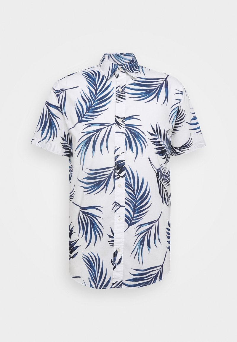 Biała koszula na krótki rękaw z niebieskim i czarnym tropikalnym nadrukiem w liście palmowe, kołnierz rozłożony i standardowy krój.