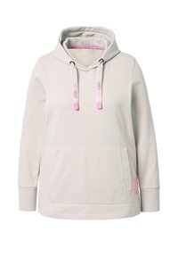 Felpa grigia chiara in misto cotone. Presenta una tasca frontale, cordini regolabili con punte rosa e dettagli ricamati sull'orlo.