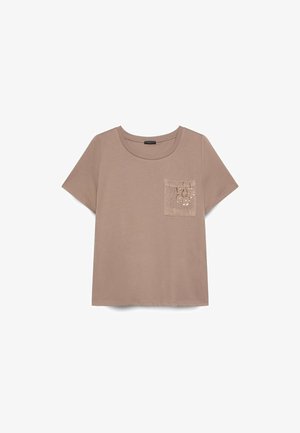 Fiorella Rubino, T-SHIRT CON TASCHINO IN UNCINETTO E PAILLETTES - T-shirts print - marrone