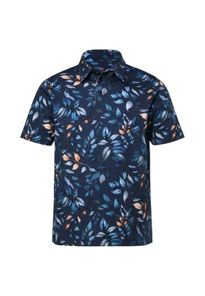 Polo à manches courtes bleu marine avec un motif coloré de feuilles. Confectionné dans un tissu doux avec un col structuré et une patte de boutonnage à trois boutons.