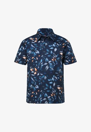 Polo à manches courtes bleu marine avec un motif coloré de feuilles. Confectionné dans un tissu doux avec un col structuré et une patte de boutonnage à trois boutons.