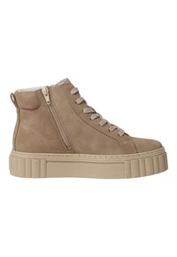 Beige hoge sneakers van suede, met een sluiting van veters aan de voorkant, een rits aan de zijkant en een dikke, geribbelde zool voor extra hoogte en ondersteuning.