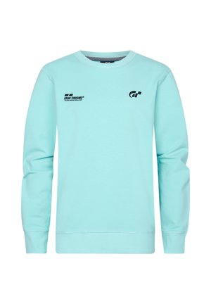 Sweatshirt à manches longues vert menthe en mélange de coton. Présente des logos noirs imprimés à l'avant, un col côtelé et des poignets ribbed.
