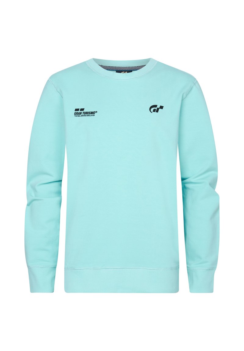 Sudadera de manga larga en verde menta, hecha de una mezcla de algodón. Presenta logotipos impresos en negro en la parte frontal, con cuello y puños acanalados.