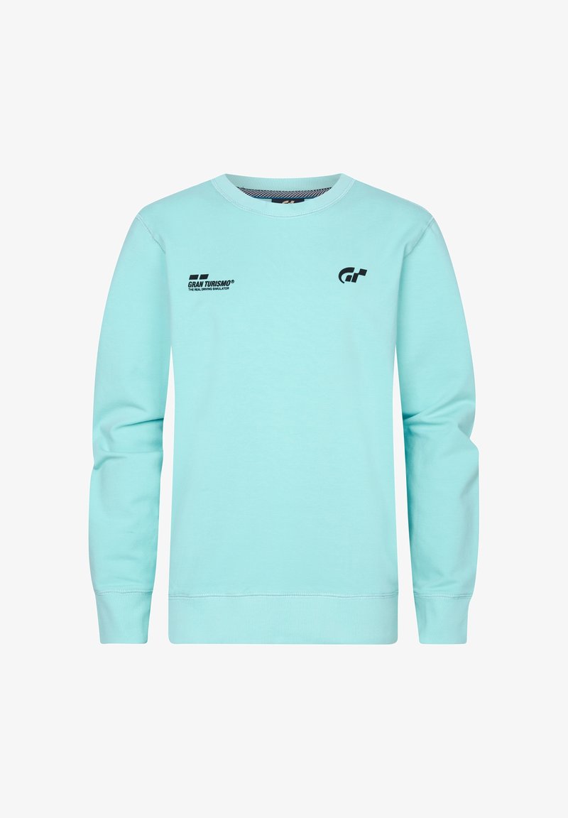 Felpa a maniche lunghe verde menta in misto cotone. Presenta loghi stampati neri sul davanti, collo a costine e polsini.