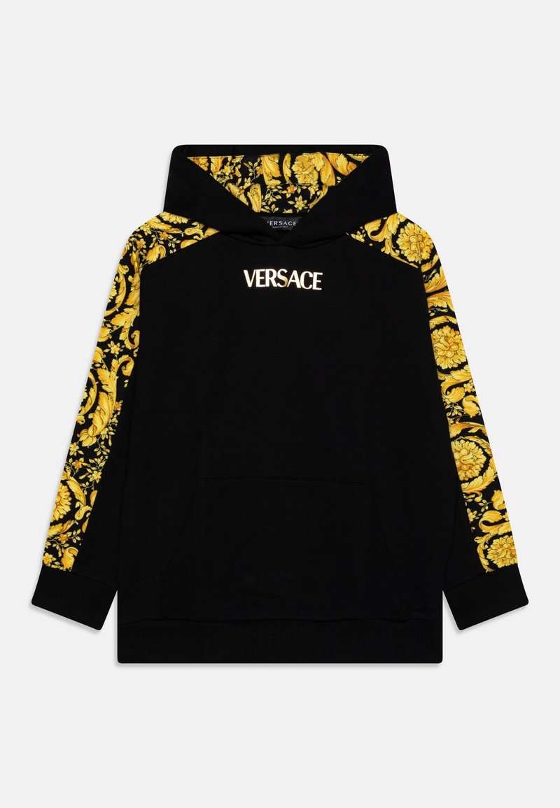 Hoodie noir avec imprimé floral jaune sur les manches et la capuche. Il comporte une poche avant et le logo "VERSACE" sur la poitrine. Matière en mélange de coton.