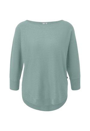 Jasnozielony sweter z długim rękawem, z dekoltem w łódkę i zaokrąglonym dołem, rozmiar mały, pokazany na białym tle.