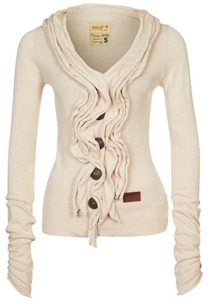 Cárdigan beige de manga larga con adorno fruncido en la parte delantera y cuatro botones oscuros, talla pequeña, ajuste entallado con mangas fruncidas.