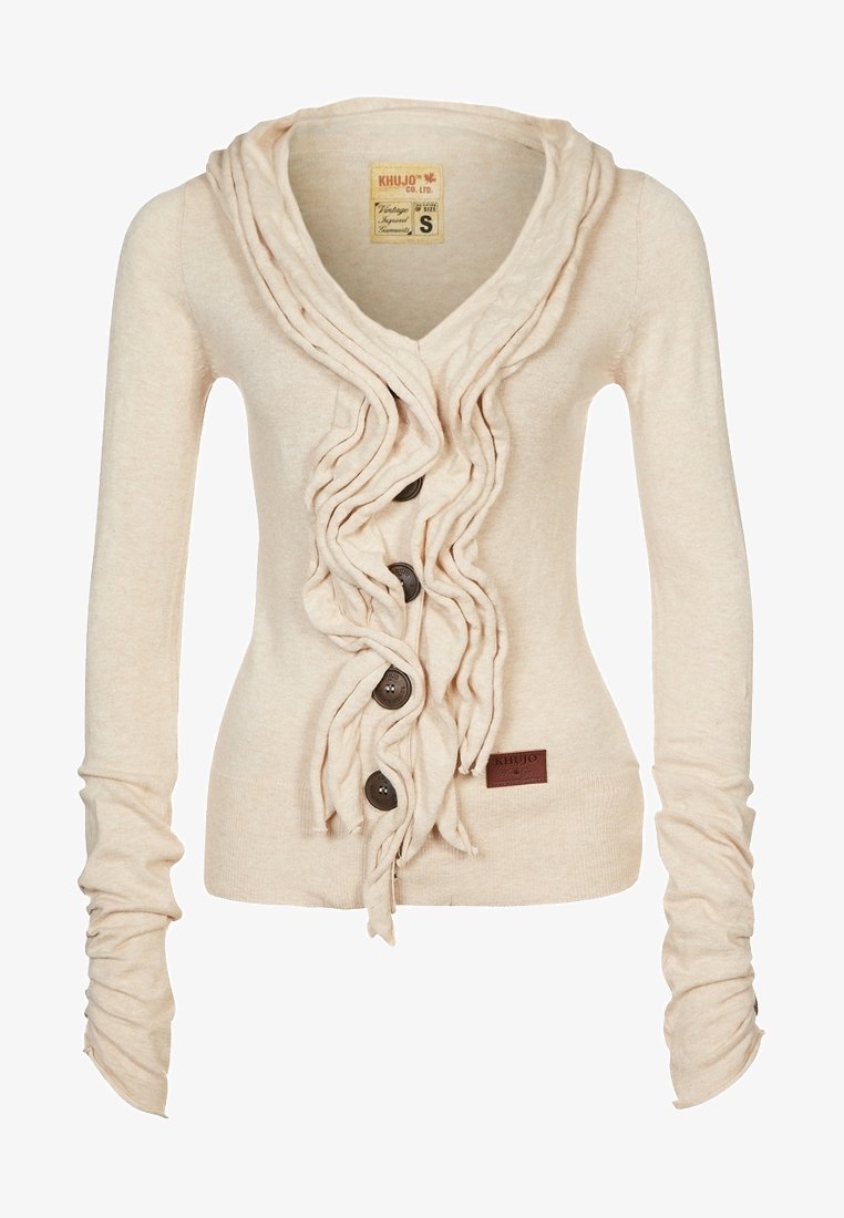 Cardigan beige à manches longues avec bordure plissée à l'avant et quatre boutons foncés, taille petite, coupe ajustée avec manches froncées.