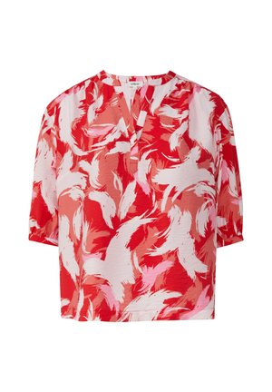 Rode en roze gebloemde blouse met korte mouwen, v-hals en lichtgewicht stof met een abstracte penseelstrekenontwerp.