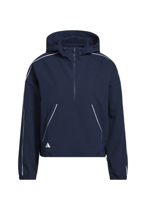 Chaqueta tipo sudadera azul marino con capucha, cremallera de un cuarto, detalles blancos y un bolsillo frontal. Hecha de tela texturizada con detalles acanalados.